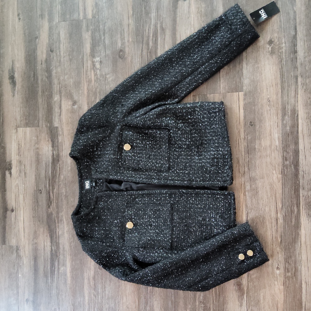INC Black Blazer Jacket Metallic Finish With Gold Buttons